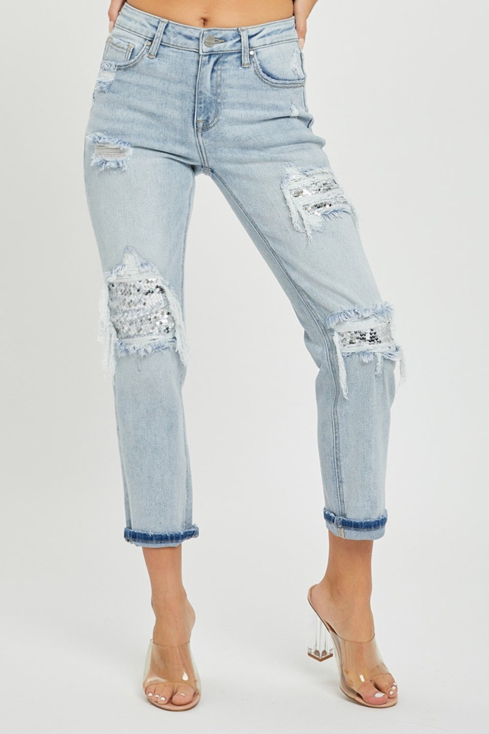 RISEN Mid-Rise Silver Sequin Patched Jeans