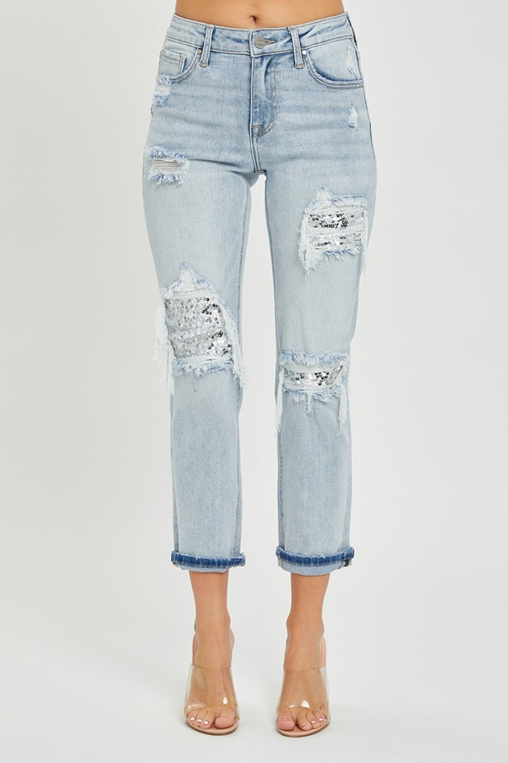 RISEN Mid-Rise Silver Sequin Patched Jeans