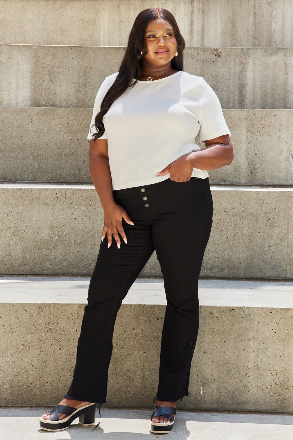 AndTheWhy Pearly White Full Size Criss Cross Pearl Detail Open Back T-Shirt