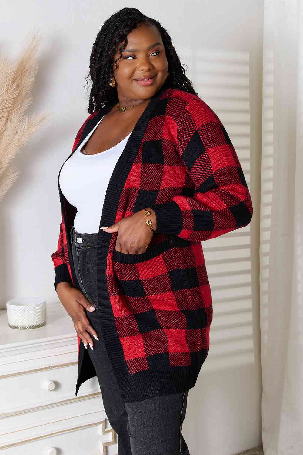 Heimish Full Size Buffalo Check Plaid Open Front Cardigan with Pockets