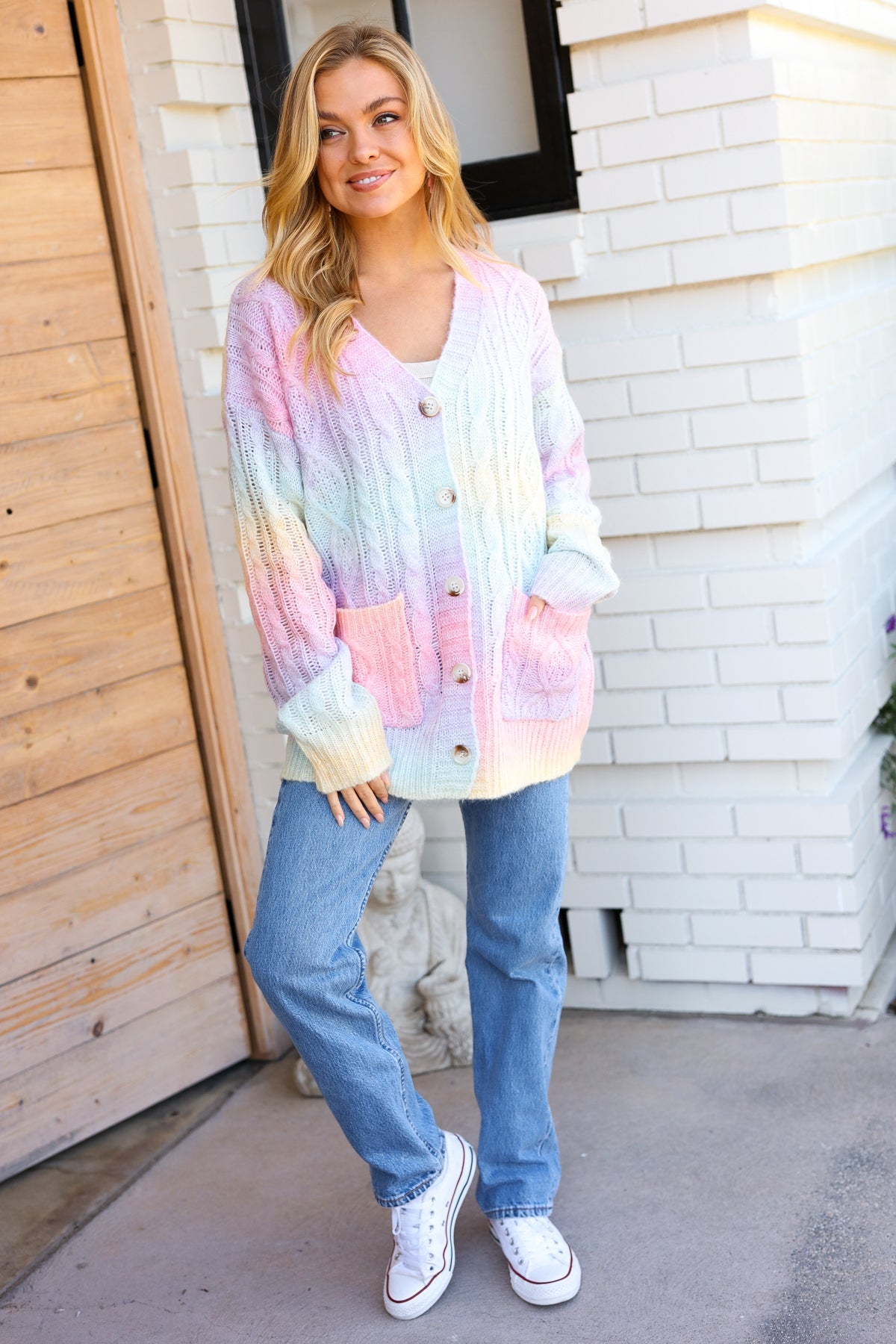 Haptics Face The Day Rainbow Ombre Cable Knit Cardigan