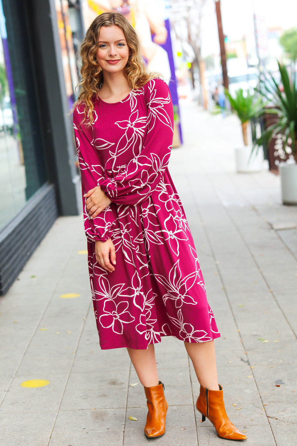 Haptics Sangria Fit & Flare Floral Print Midi Dress