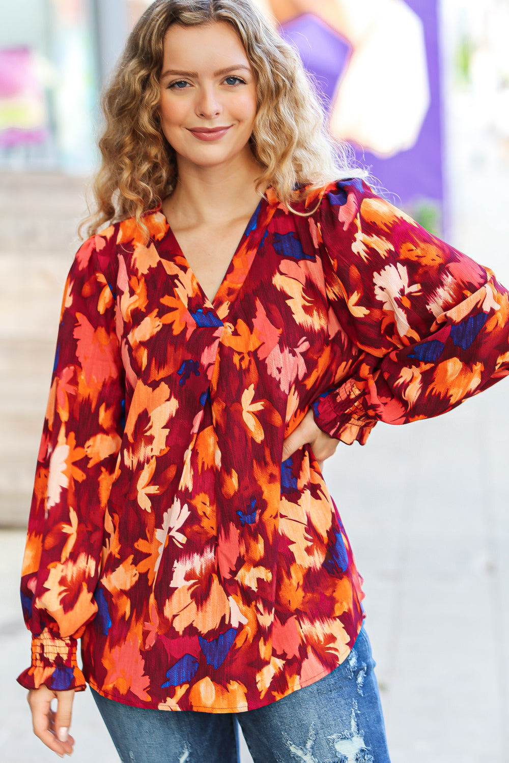 Haptics Face The Day Burgundy Floral Abstract Print V Neck Smocked Top