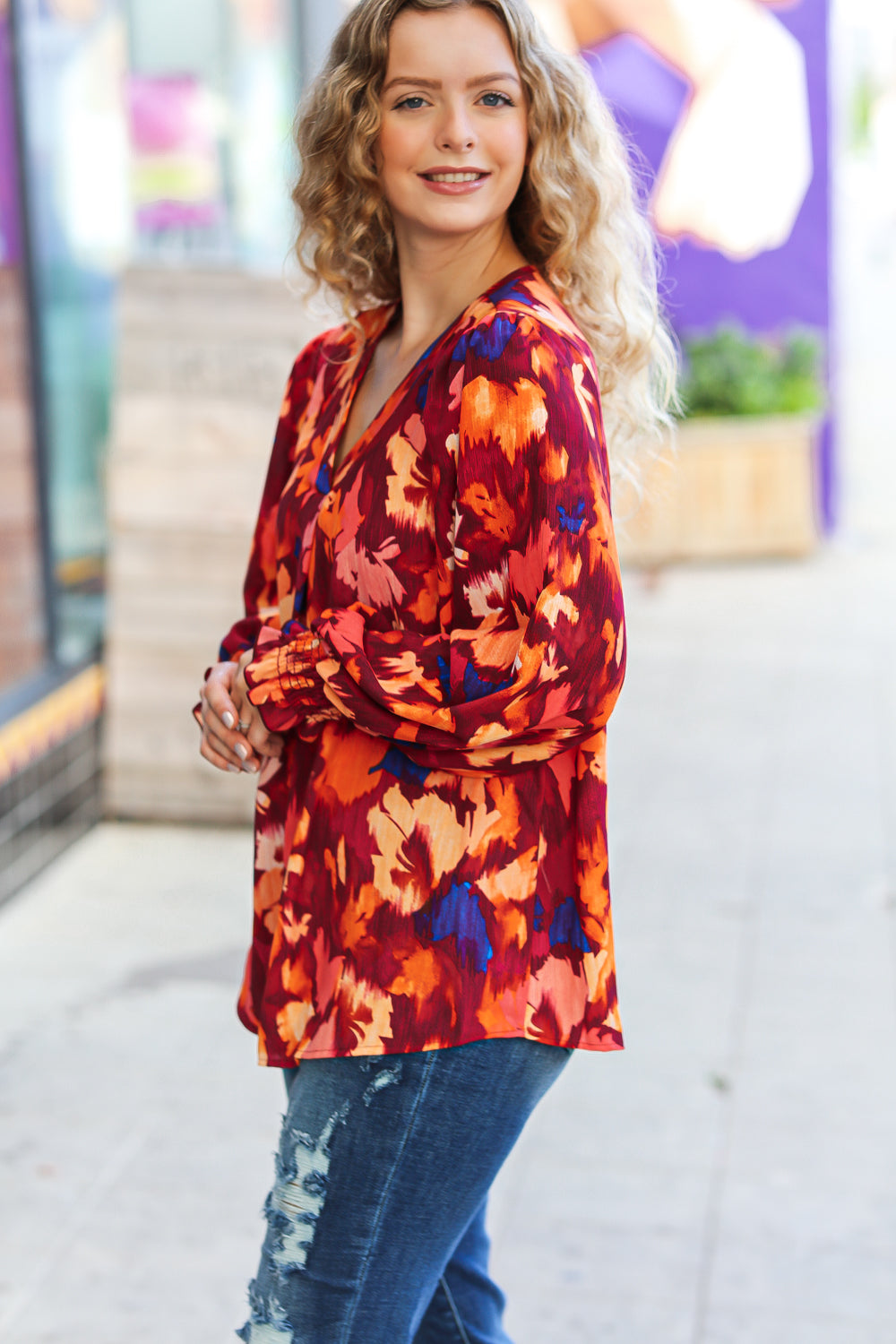 Haptics Face The Day Burgundy Floral Abstract Print V Neck Smocked Top