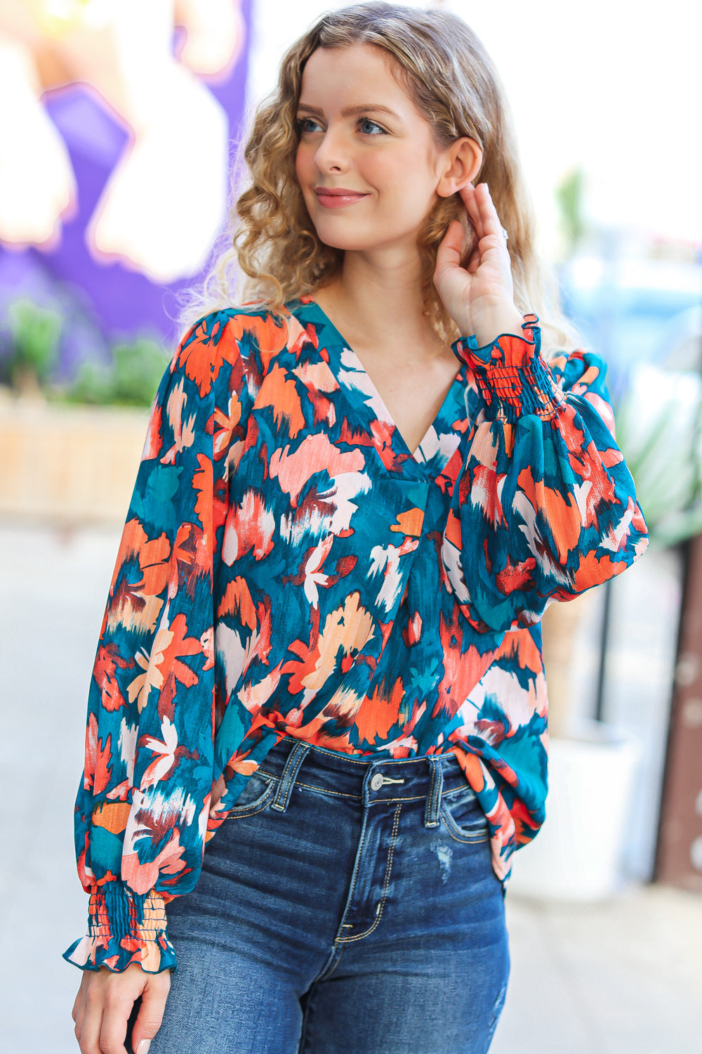 Haptics All I Ask Teal Floral Abstract Print V Neck Smocked Top