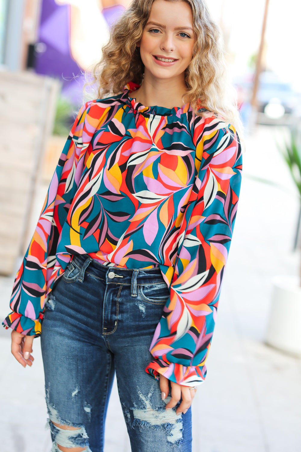 Haptics Weekend Vibes Teal & Rust Abstract Print Frill Neck Top