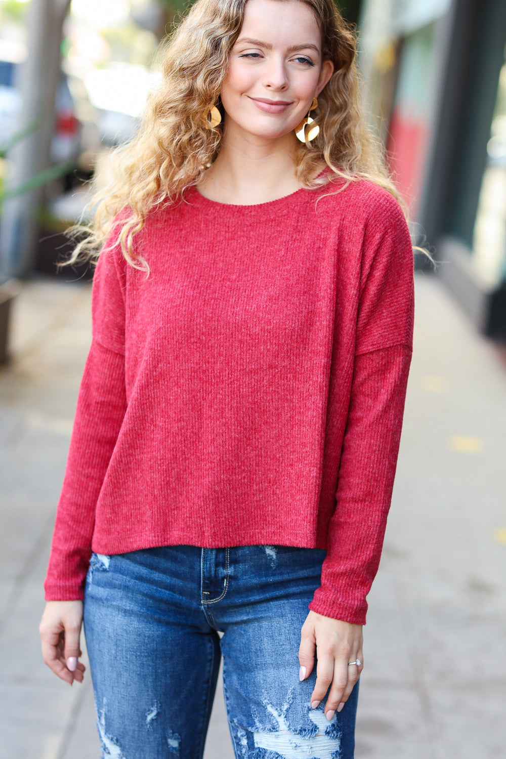 Zenana Stay Awhile Red Ribbed Dolman Cropped Sweater