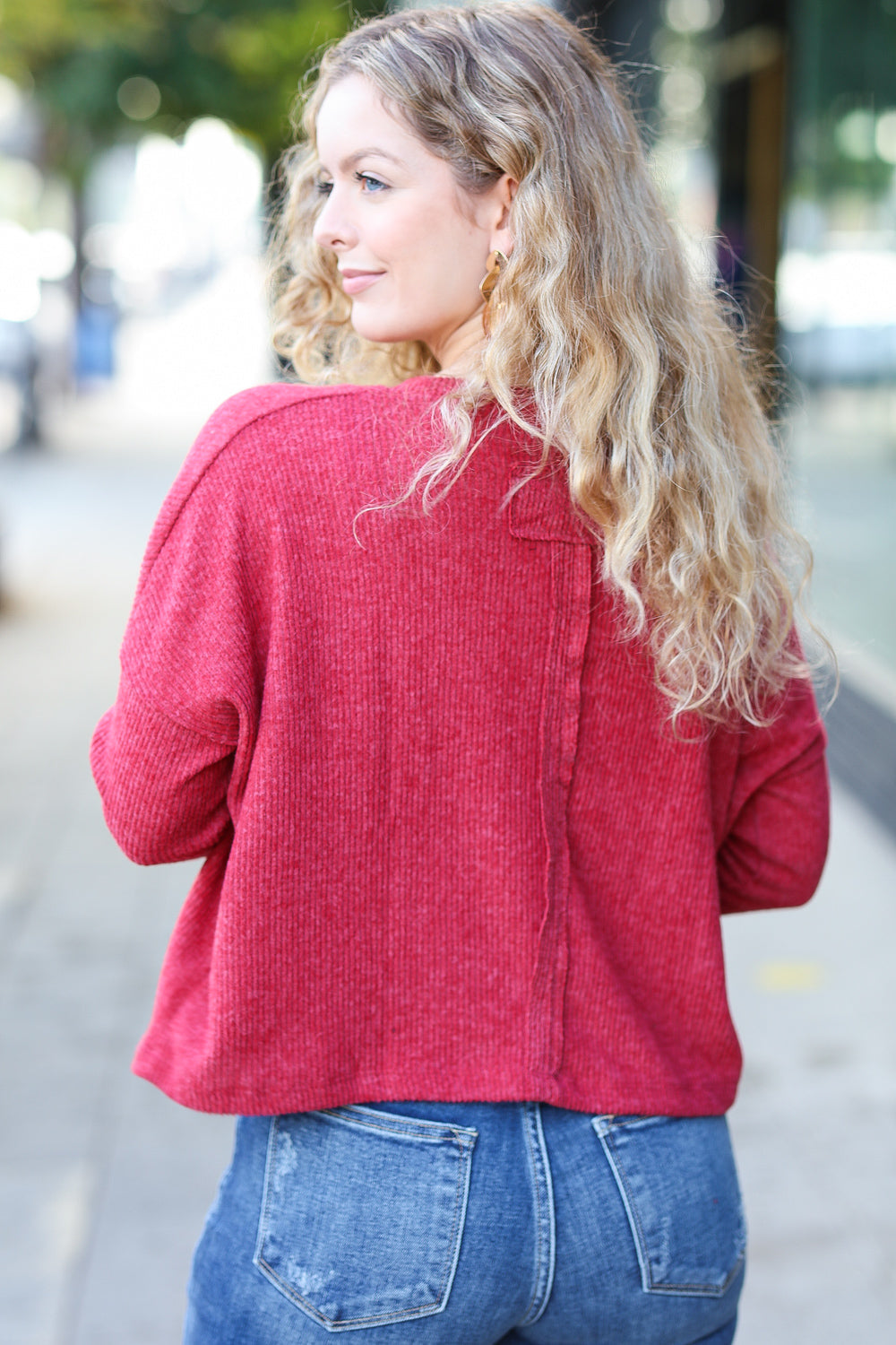 Zenana Stay Awhile Red Ribbed Dolman Cropped Sweater
