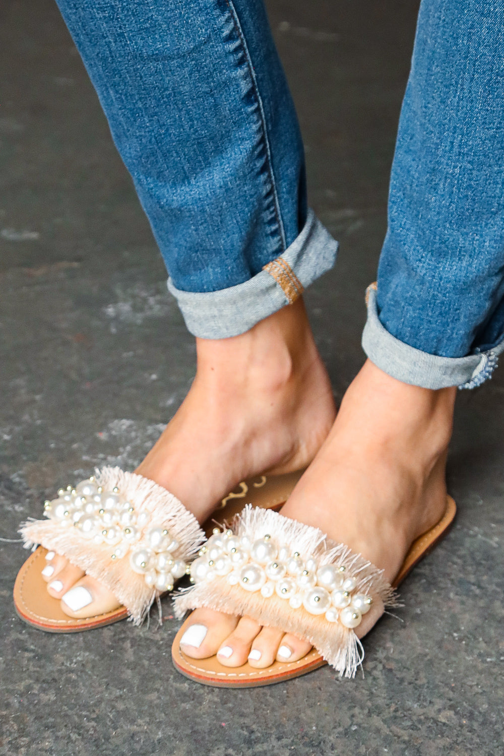Blush Linen Fray Beaded Faux Pearl Slide Sandal