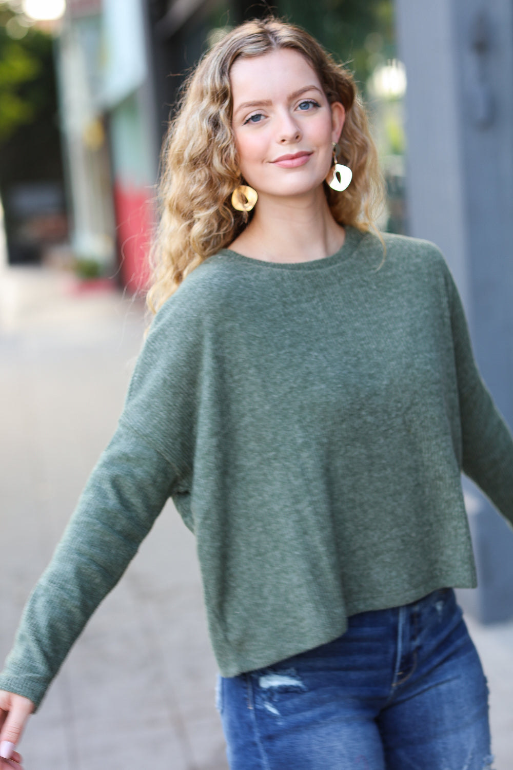 Zenana Stay Awhile Olive Ribbed Dolman Cropped Sweater