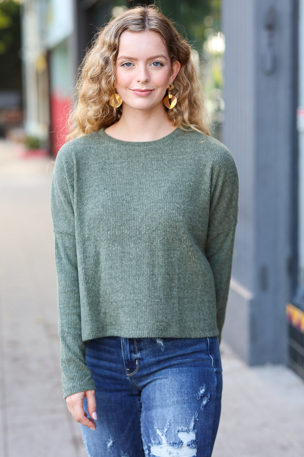 Zenana Stay Awhile Olive Ribbed Dolman Cropped Sweater