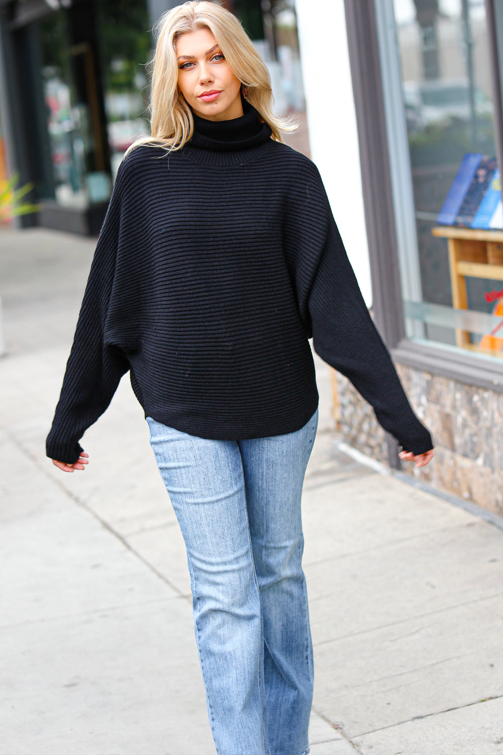 Zenana Lady In Black Ribbed Turtleneck Dolman Sweater