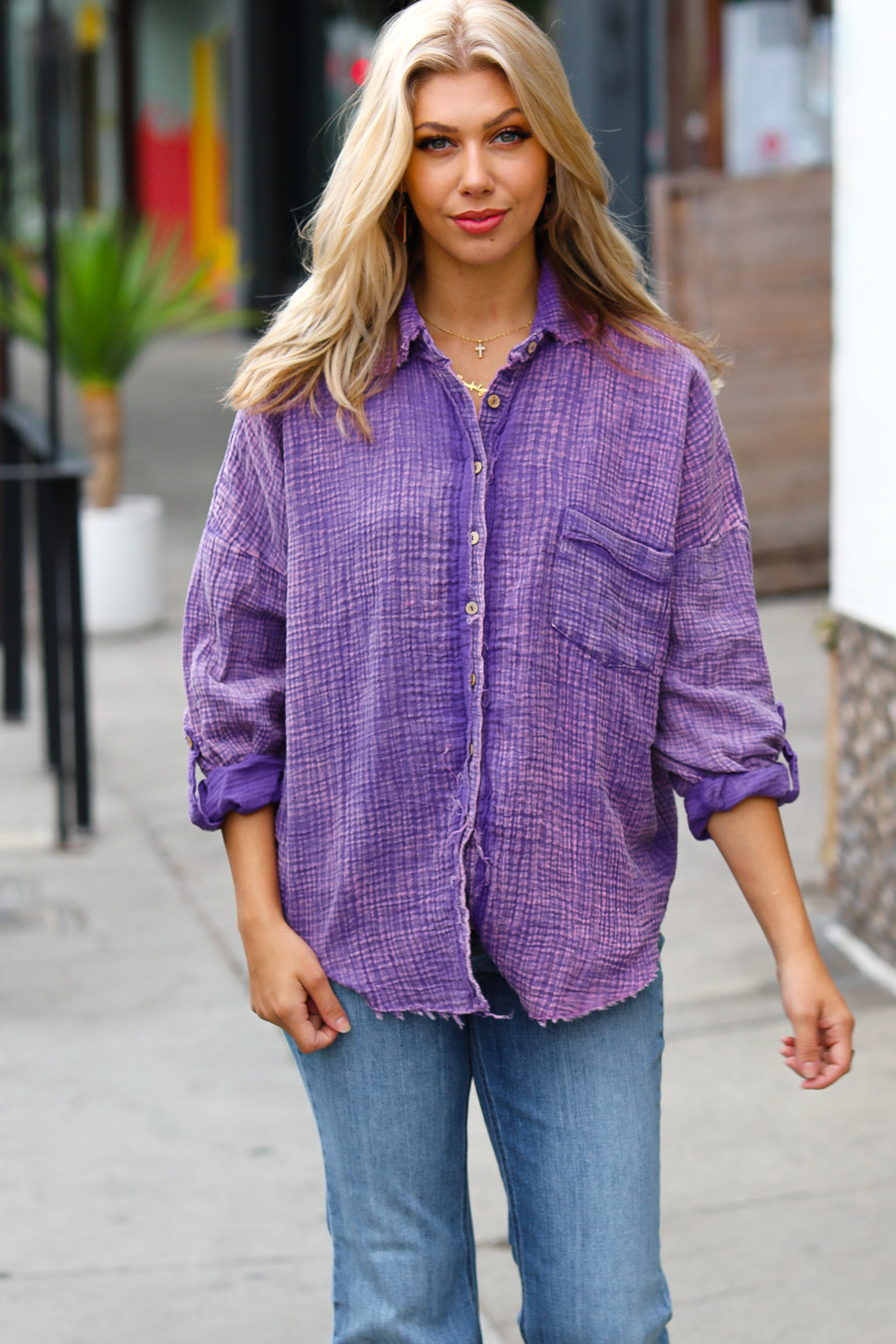 Zenana Violet Mineral Washed Cotton Gauze Button Down Shirt