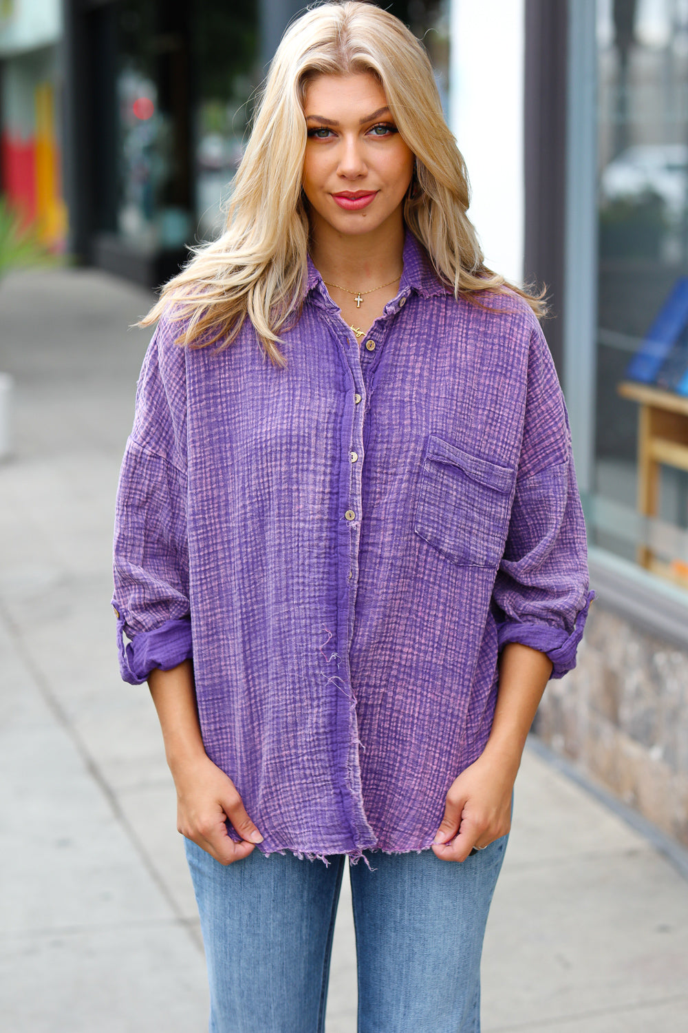 Zenana Violet Mineral Washed Cotton Gauze Button Down Shirt