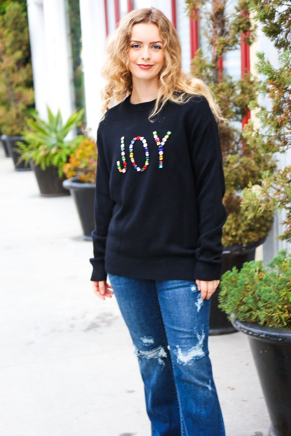 Haptics Give Back JOY Jewel Beaded Black Sweater
