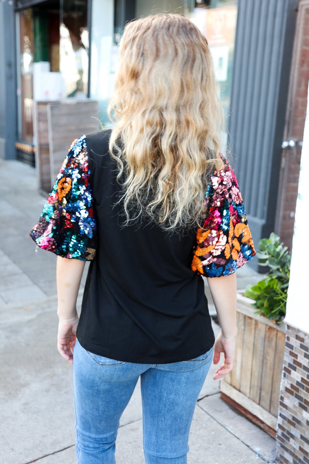 Haptics Glam Time Black Sequin Floral Puff Sleeve Top