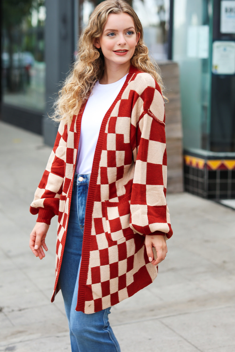 Haptics Can't Help But Love Rust Checkered Open Cardigan