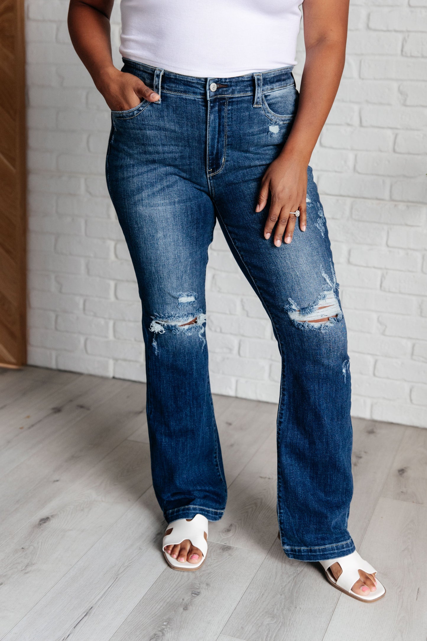 Judy Blue Mila Mid Rise Distressed Bootcut Denim Jeans