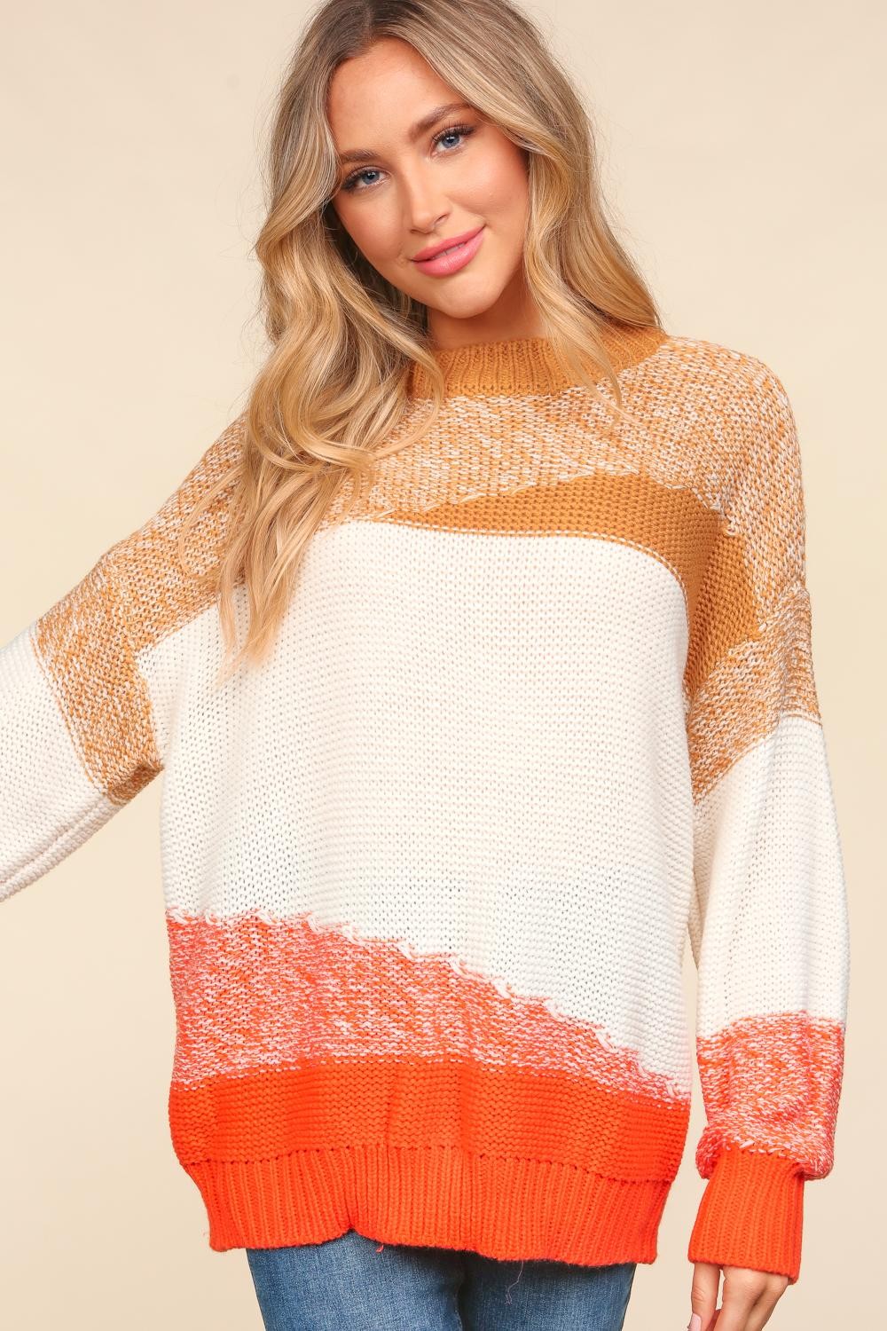 Haptics Pumkin Spice Color Block Long Sleeve Sweater