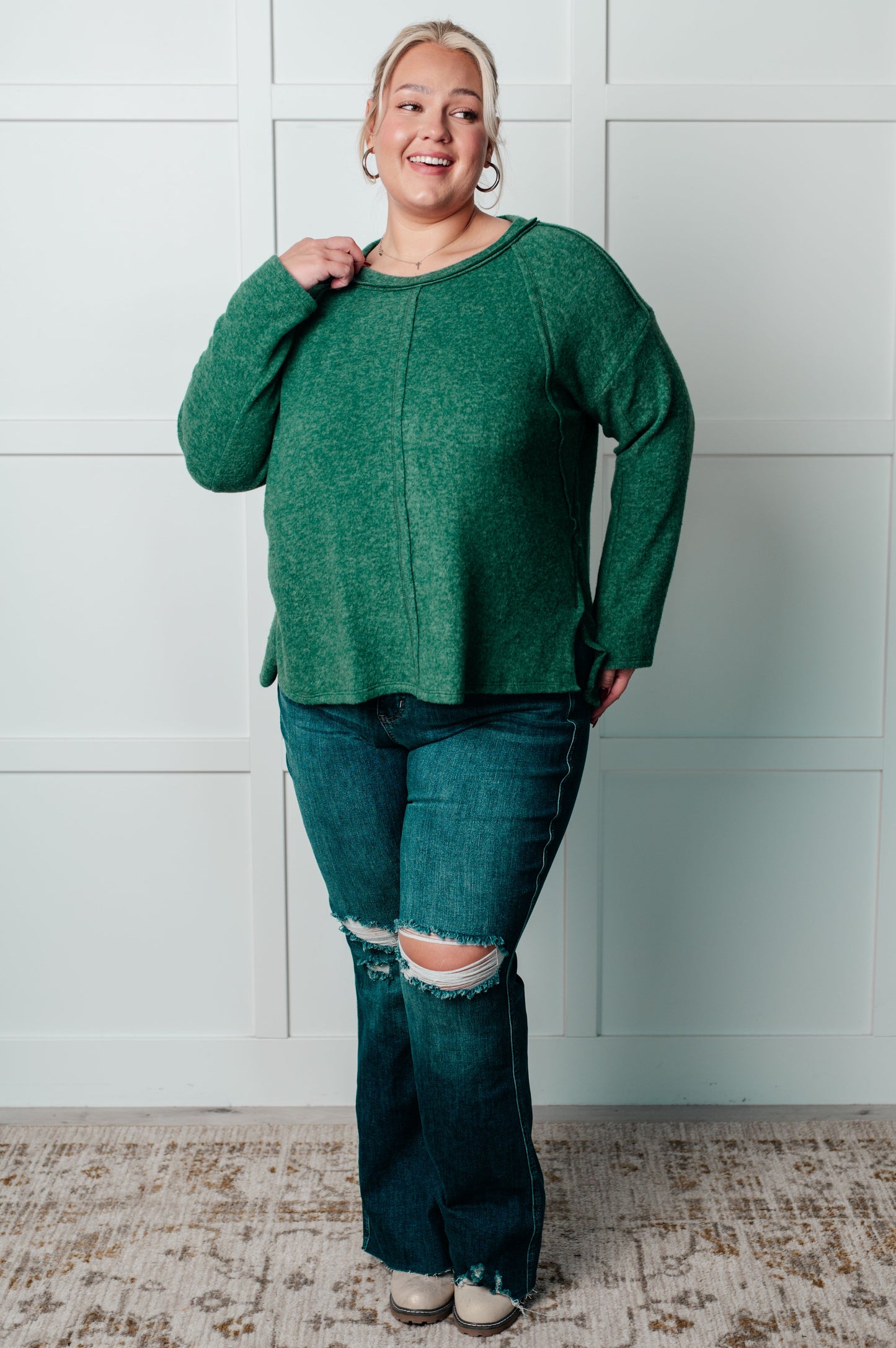 Zenana Simple Silhouette Brushed Hacci Sweater in Dark Green