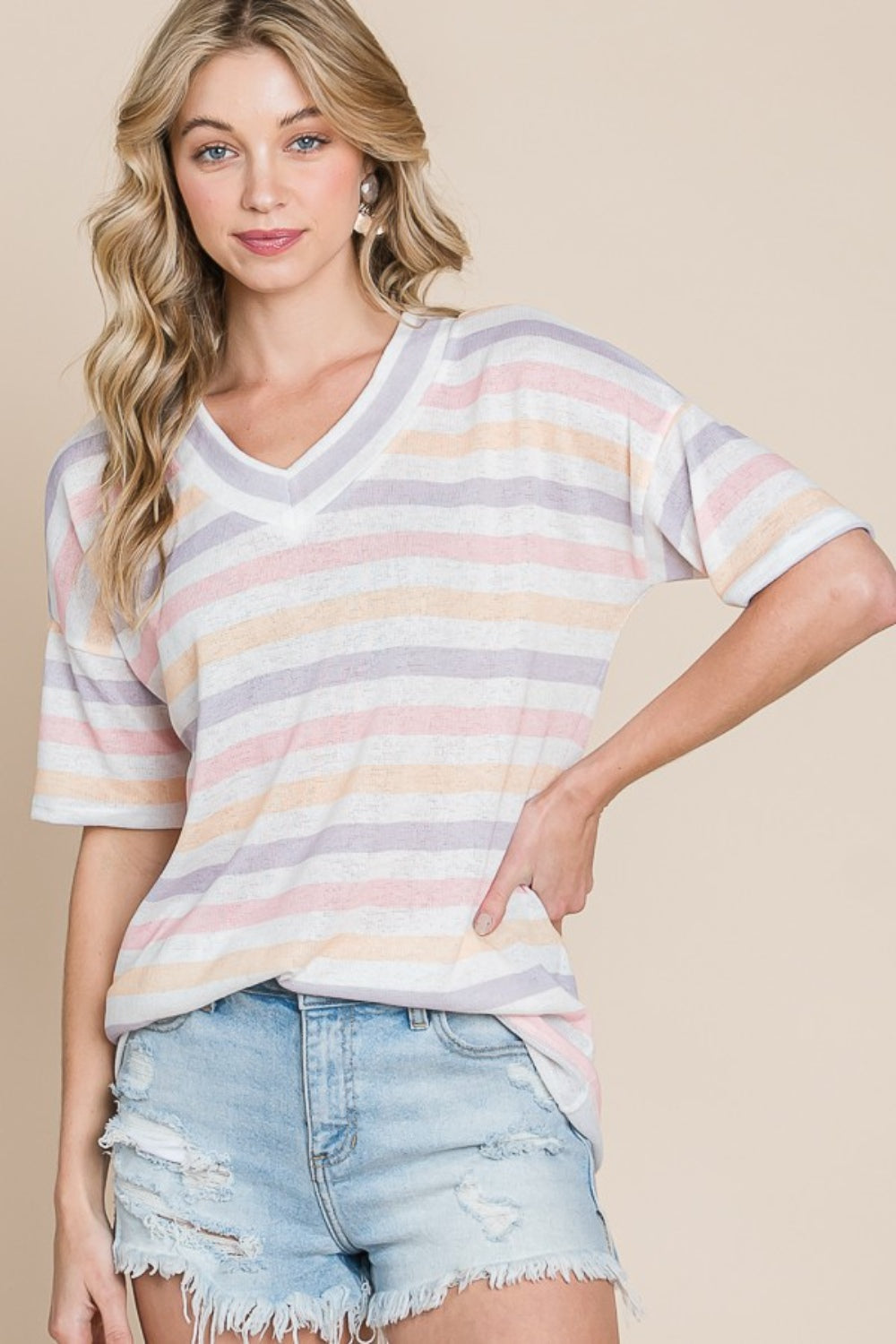 BOMBOM Striped V-Neck Short Sleeve T-Shirt 🇺🇸