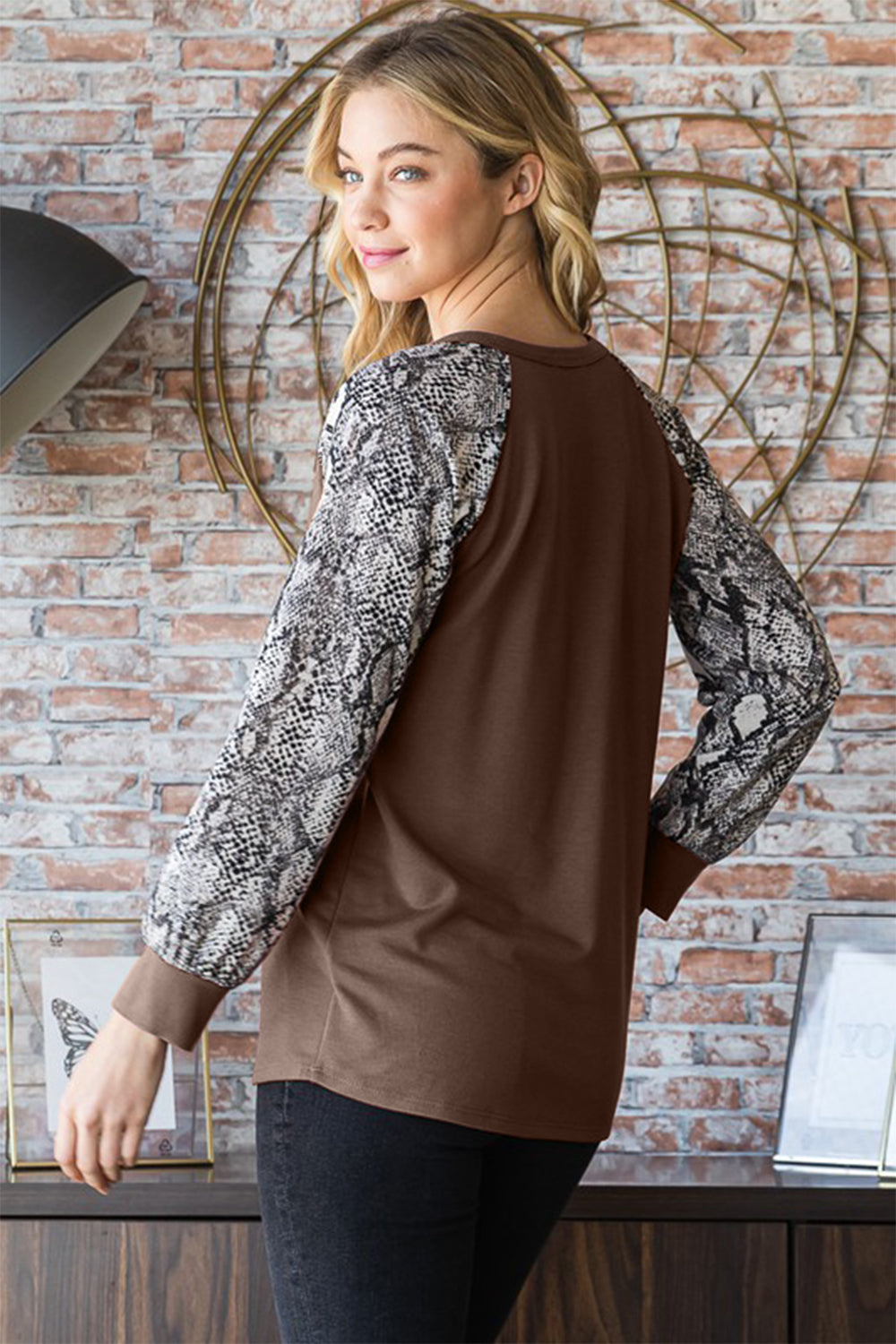 Heimish Snakeskin Print Raglan Sleeve Half Button Top