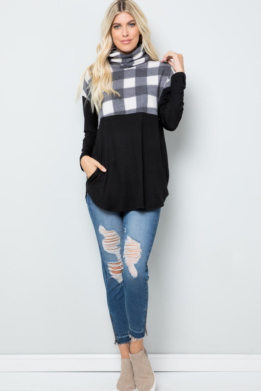 Celeste Pocketed Plaid Turtleneck Long Sleeve Blouse usa 🇺🇸