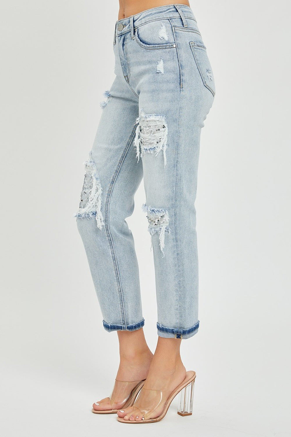 RISEN Mid-Rise Silver Sequin Patched Jeans