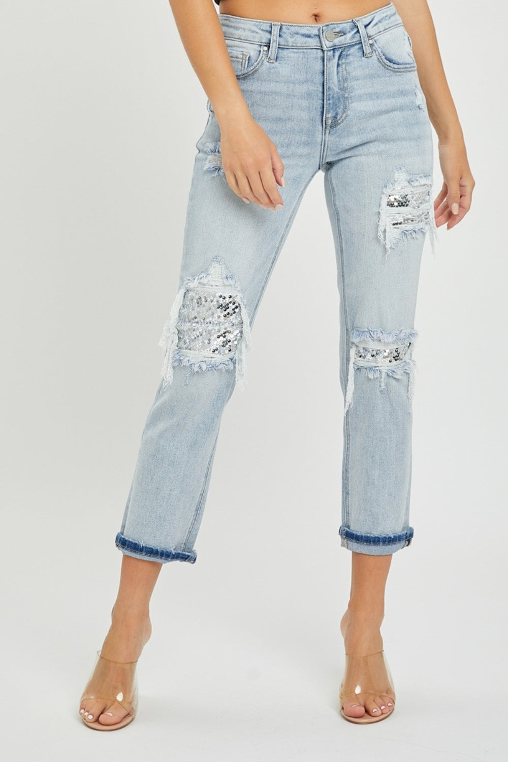 RISEN Mid-Rise Silver Sequin Patched Jeans