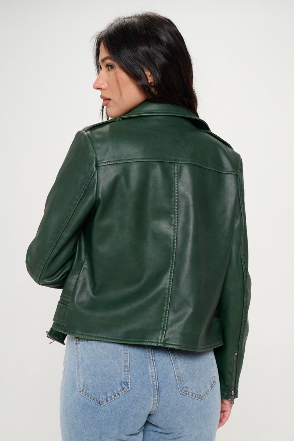 Coalition LA “The Katrina” Zip Up Biker Jacket with Belt in Forest Green