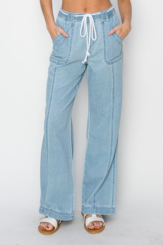 RISEN High Rise Drawstring Straight Jeans