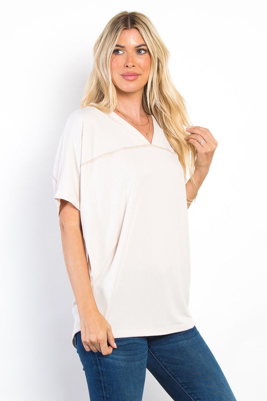 Be Stage Full Size V-Neck Short Sleeve Ribbed Top 🇺🇸