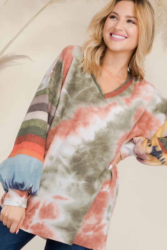 Celeste Tie-Dye Contrast Striped V-Neck Long Sleeve Blouse 🇺🇸