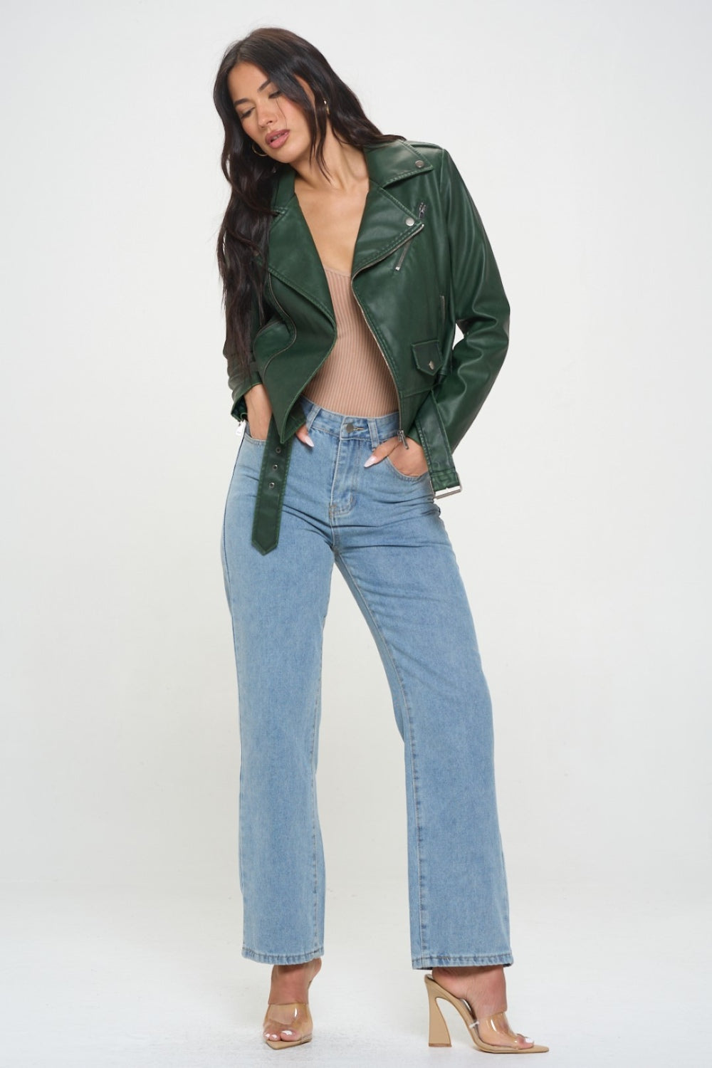 Coalition LA “The Katrina” Zip Up Biker Jacket with Belt in Forest Green