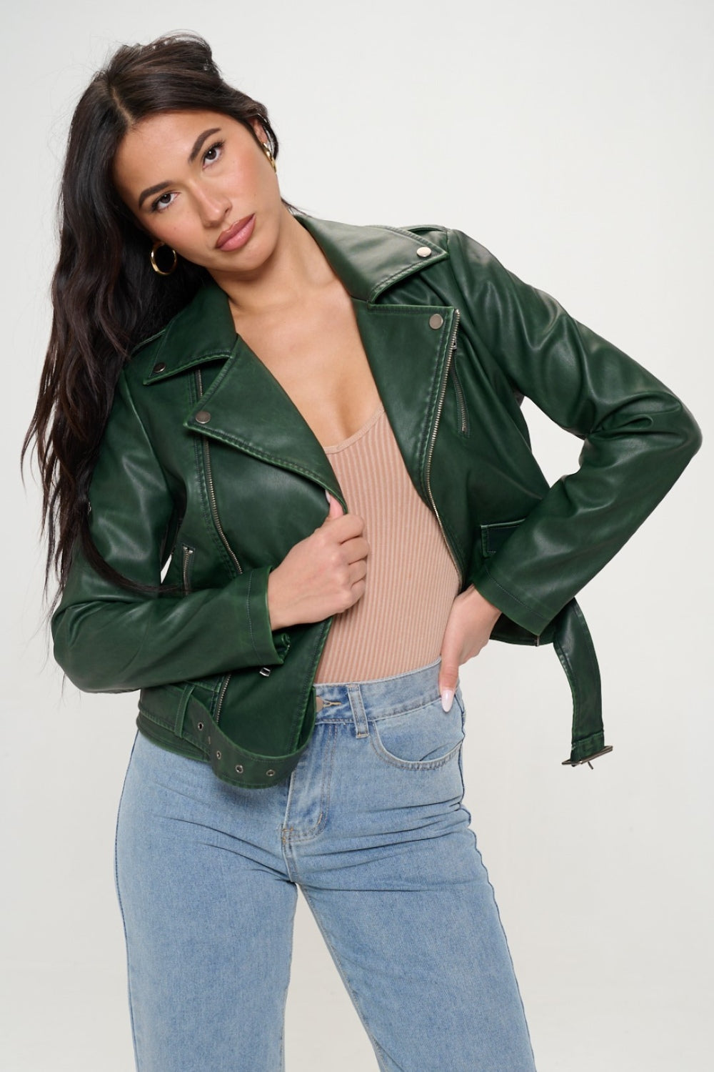 Coalition LA “The Katrina” Zip Up Biker Jacket with Belt in Forest Green