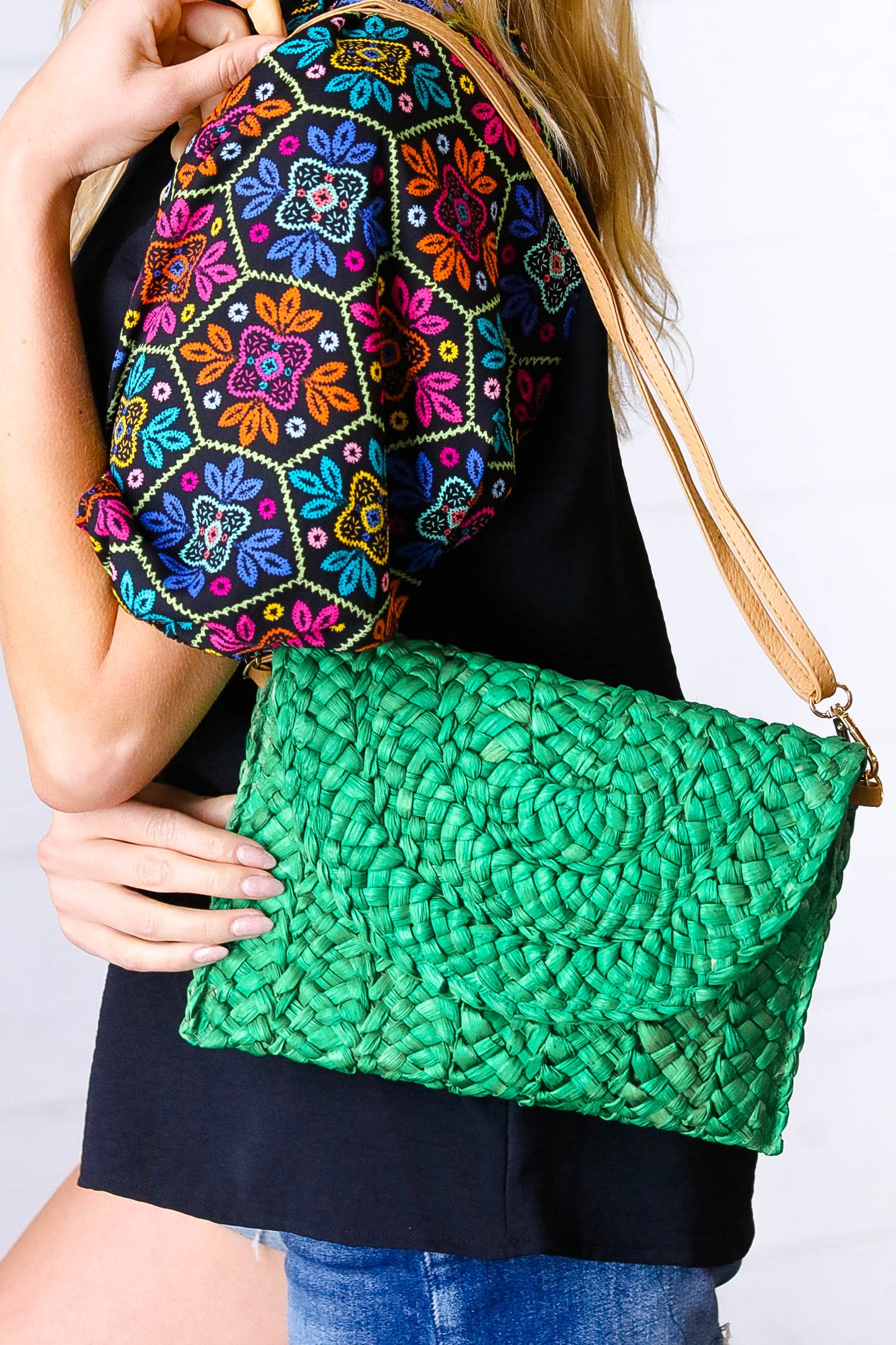 Emerald Woven Raffia Flap Closure Clutch Bag