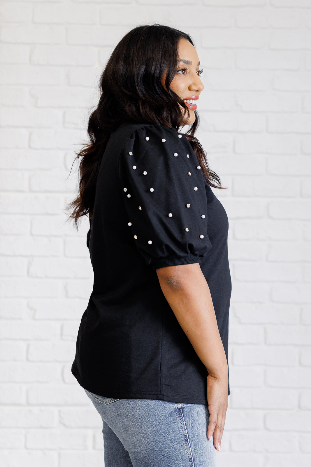 Diamonds and Pearls Puff Sleeve French Terry Top in Black