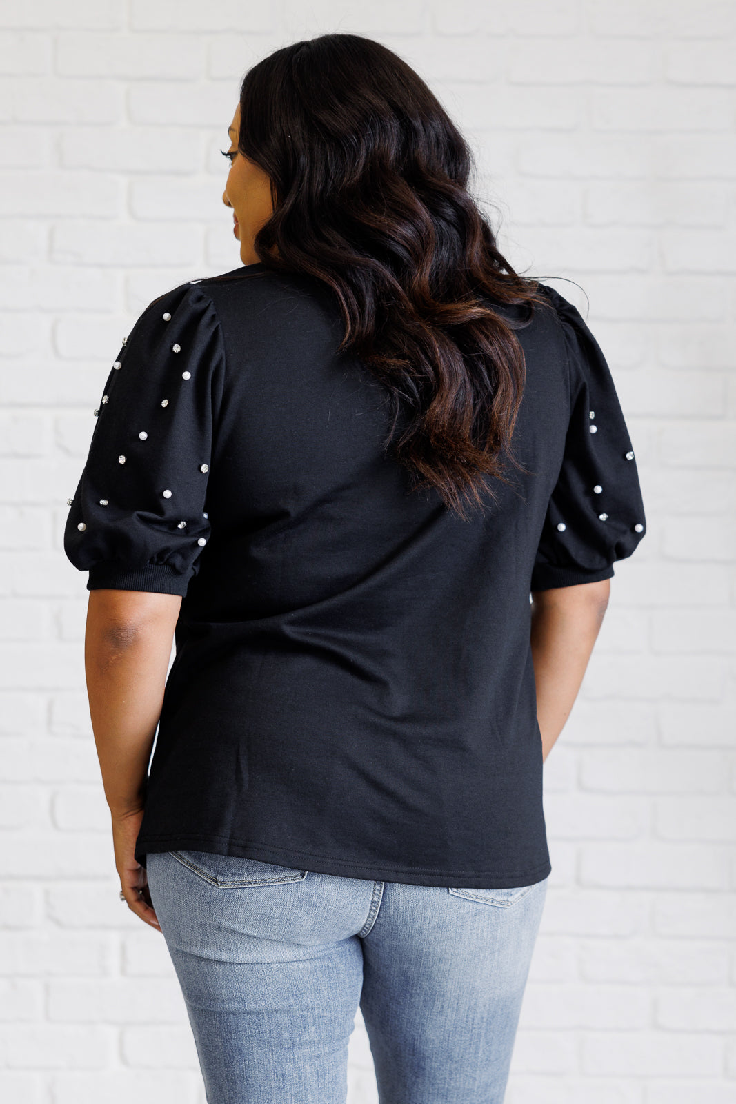 Diamonds and Pearls Puff Sleeve French Terry Top in Black