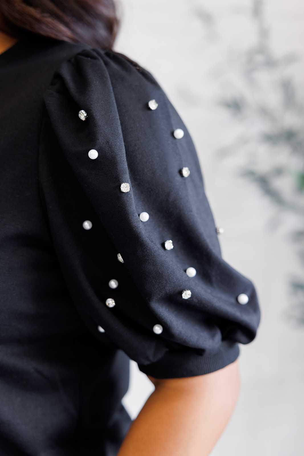 Diamonds and Pearls Puff Sleeve French Terry Top in Black