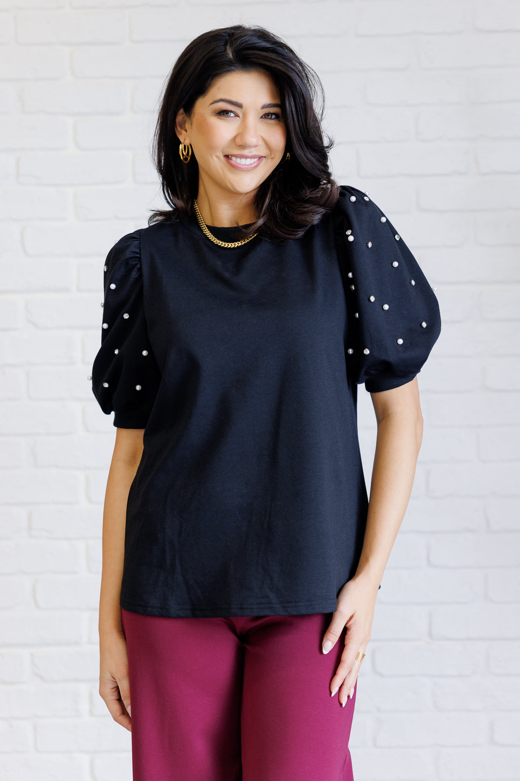 Diamonds and Pearls Puff Sleeve French Terry Top in Black