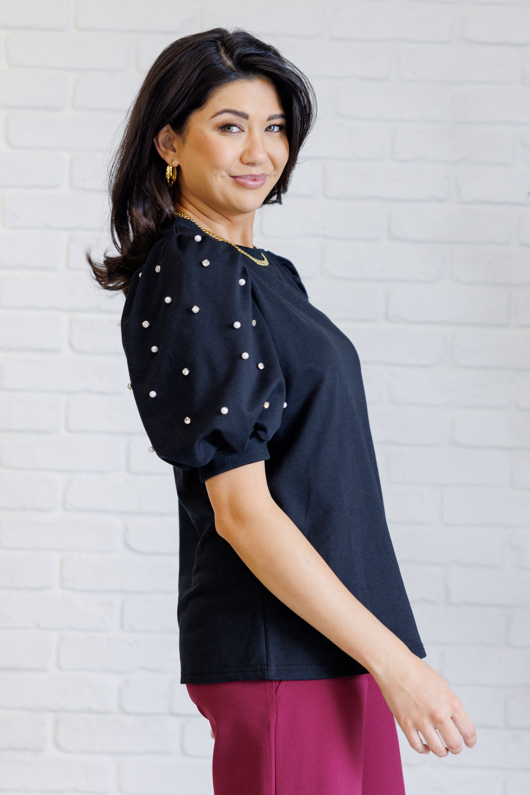 Diamonds and Pearls Puff Sleeve French Terry Top in Black