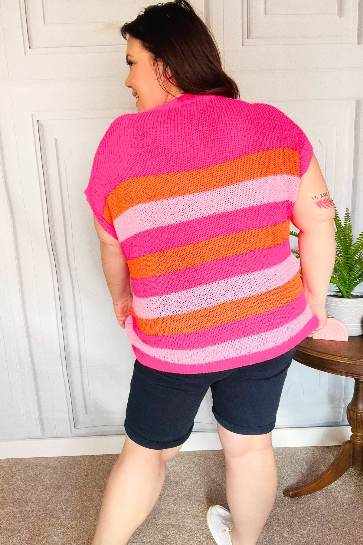 Haptics Fuchsia & Orange Stripe Short Sleeve Dolman Sweater