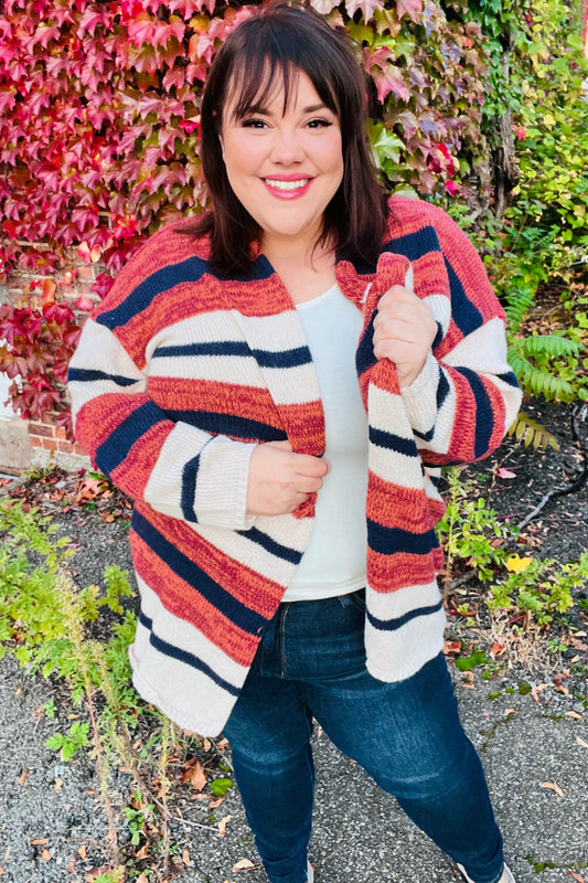 Haptics All Put Together Rust & Navy Striped Pocketed Cardigan