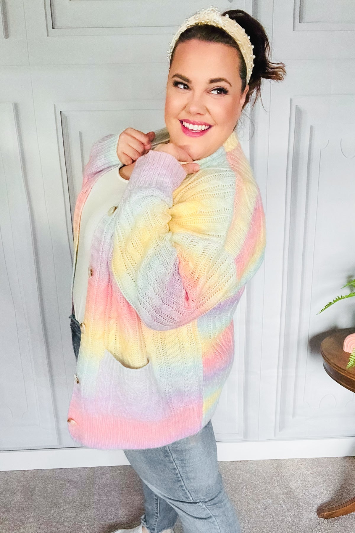 Haptics Face The Day Rainbow Ombre Cable Knit Cardigan