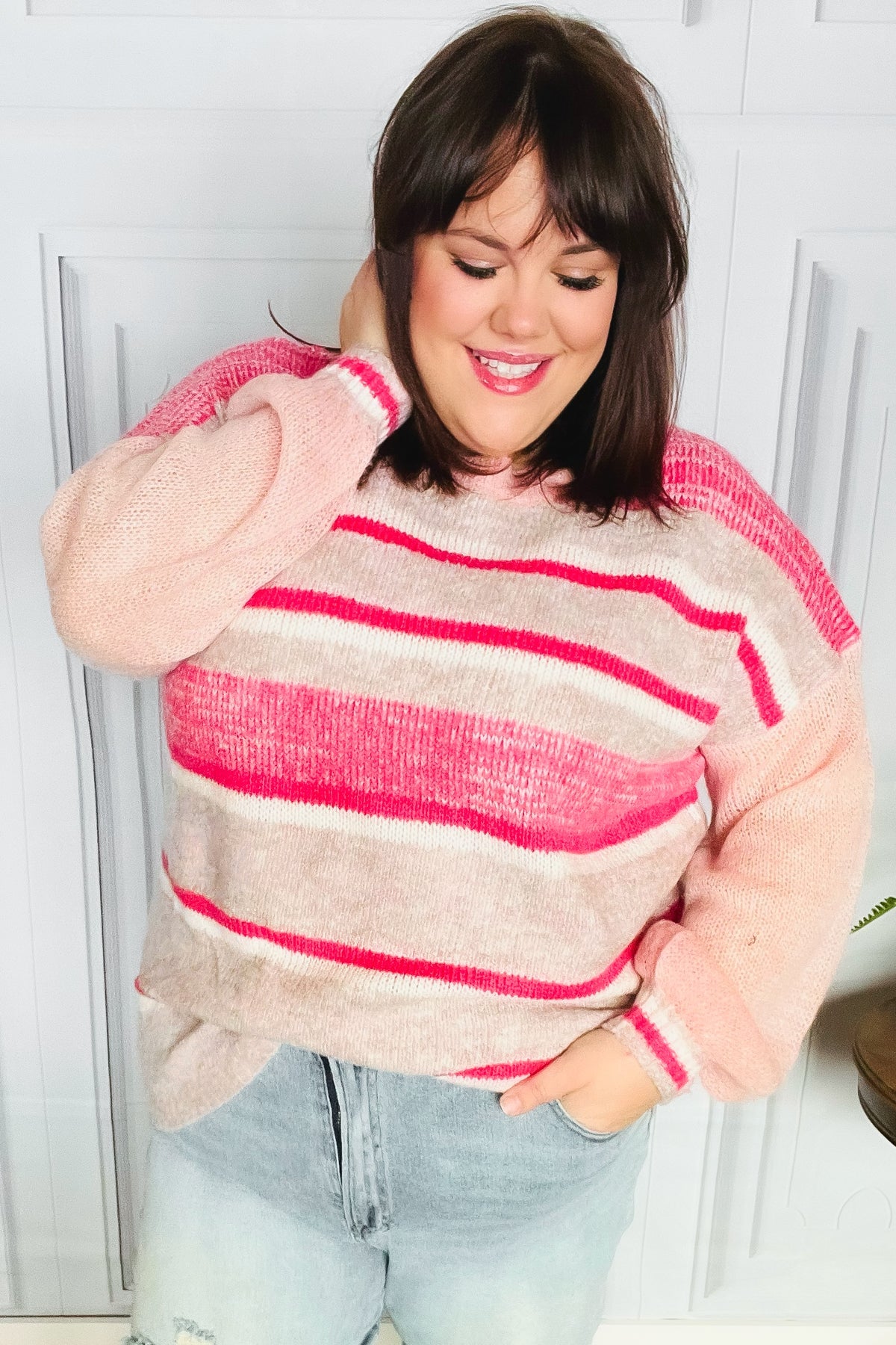 Haptics On The Chase Pink & Coral Striped Knit Sweater