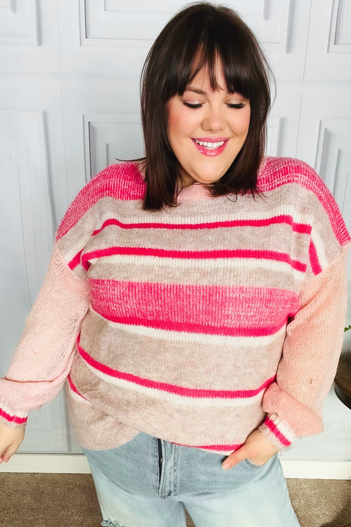 Haptics On The Chase Pink & Coral Striped Knit Sweater