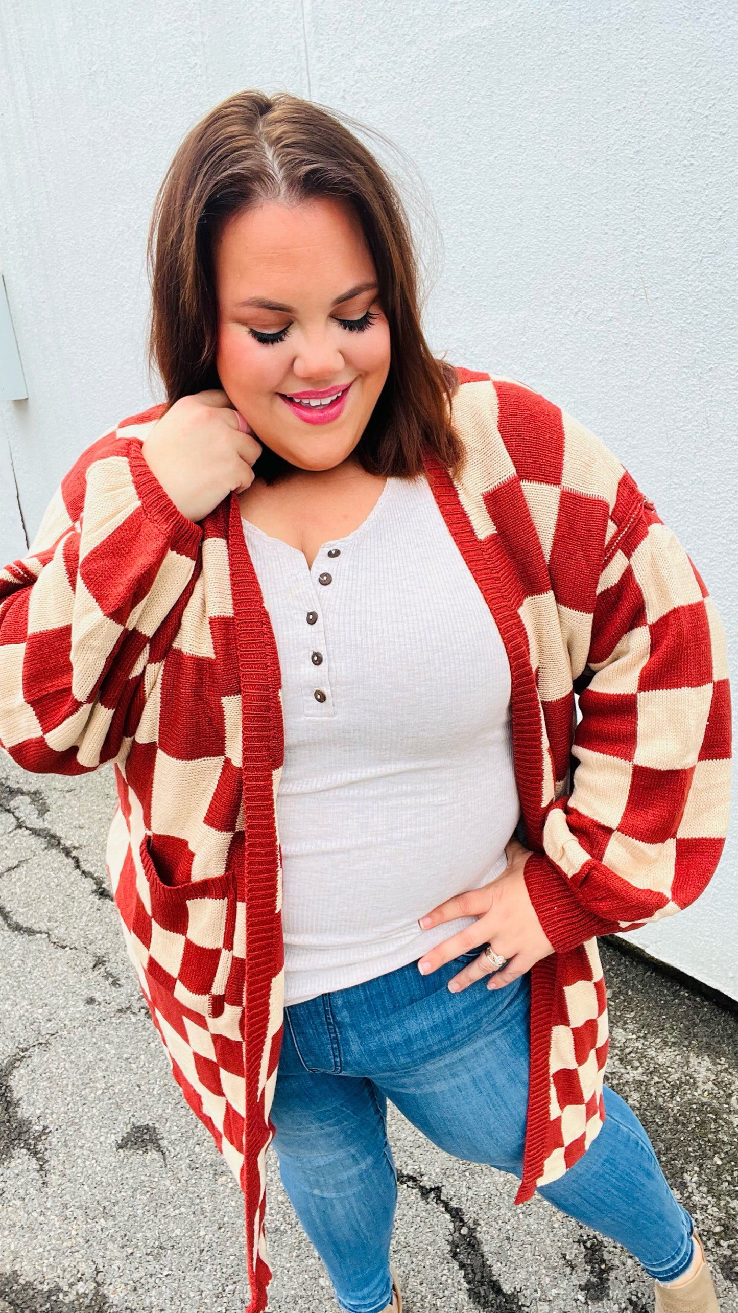 Haptics Can't Help But Love Rust Checkered Open Cardigan