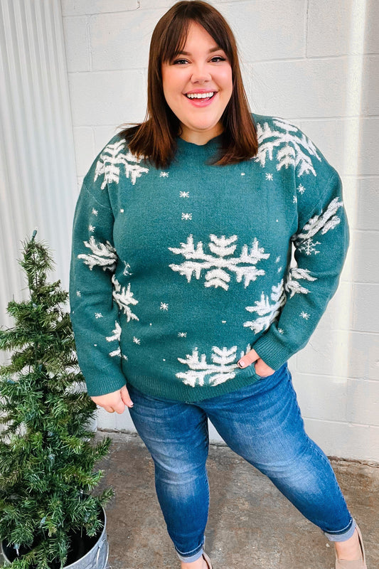 Haptics Season Greetings Hunter Green Puffy Snowflake Jacquard Sweater