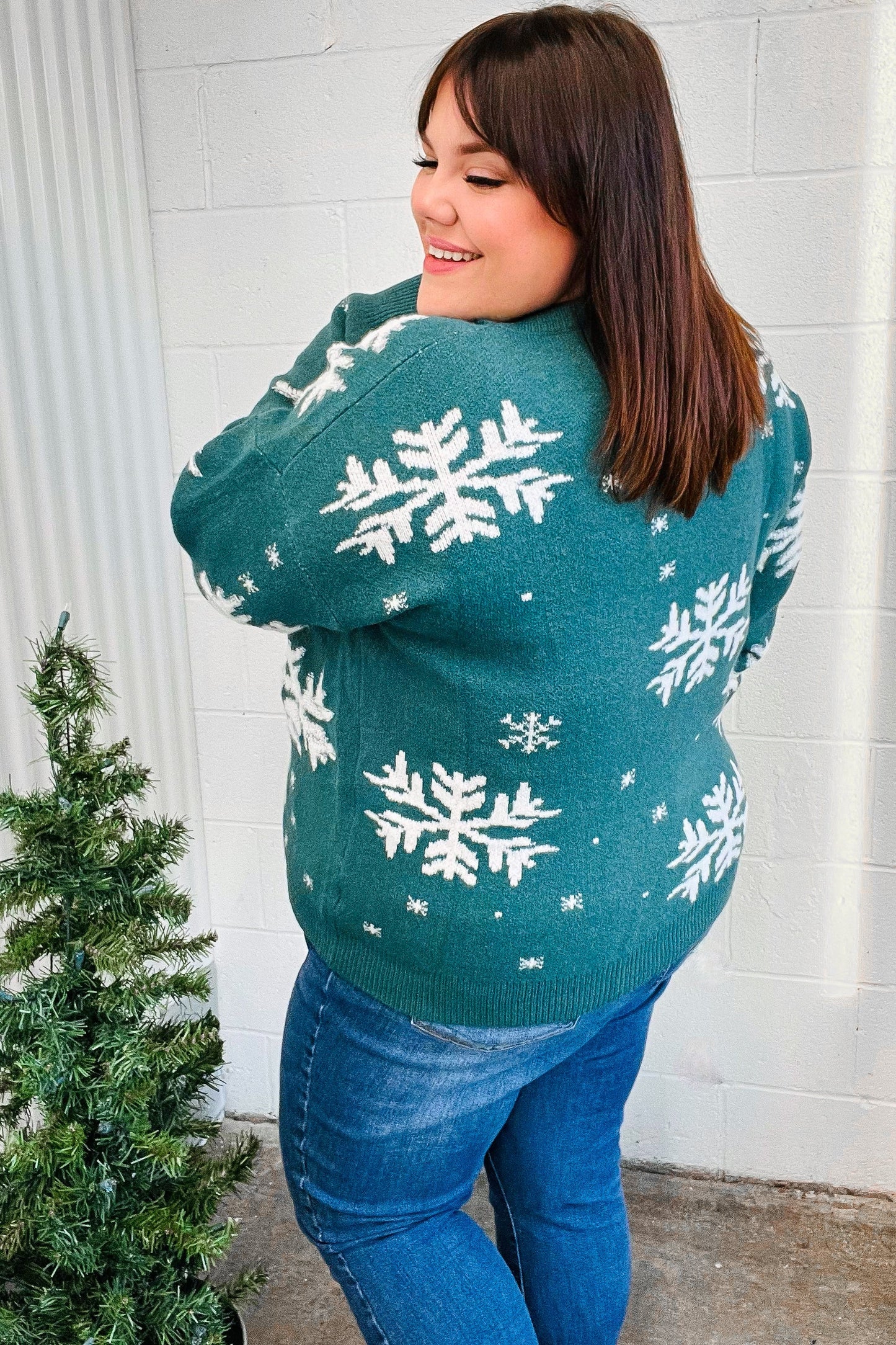 Haptics Season Greetings Hunter Green Puffy Snowflake Jacquard Sweater