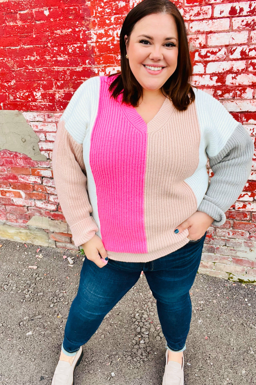 Haptics Pink & Taupe V Neck Color Block Sweater Top